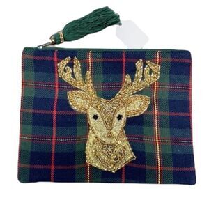 Two’s Company Plaid Sequin Deer Cosmetic Bag NEW